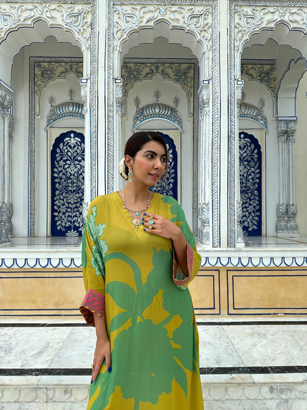 Niki Mehra Gul Lime Yellow Flower  Kaftan Kurta Set