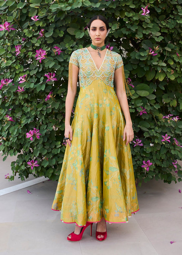 Retro Raani Yellow Sage Tissue Anarkali