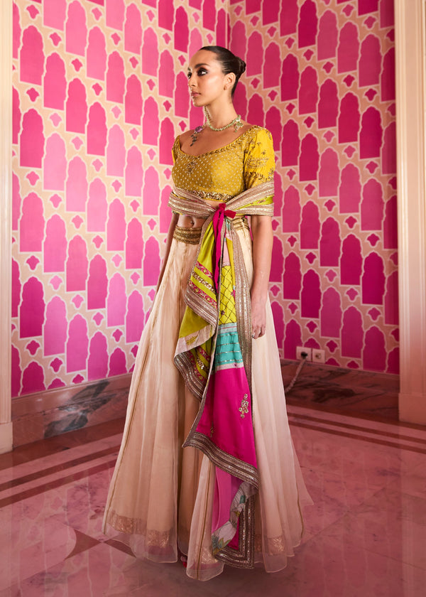 Retro Raani Ivory Organza Lehenga Set