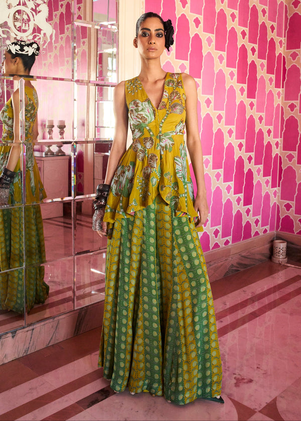 Retro Raani Yellow Sage Peplum Sharara Set