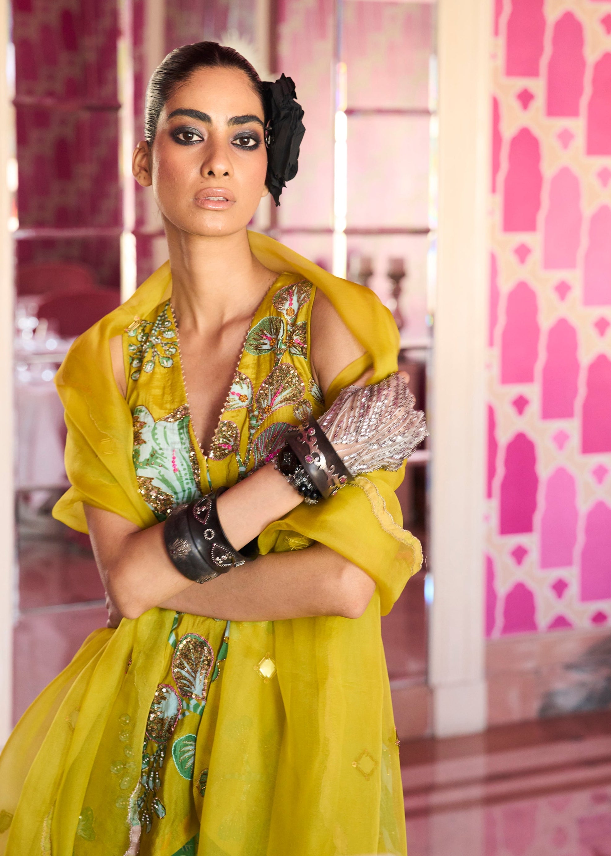 Retro Raani Yellow Sage Peplum Sharara Set