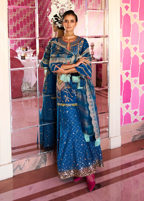 Retro Raani Teal Blue Tree Sharara Set