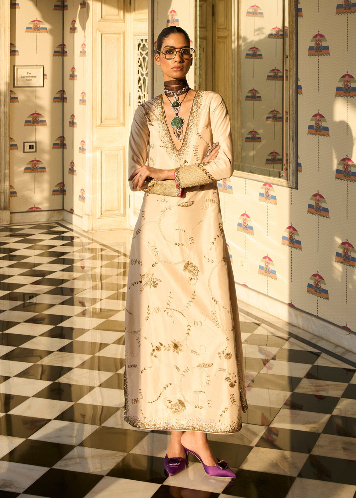 Retro Raani Ivory Jaal Kaftan Dress