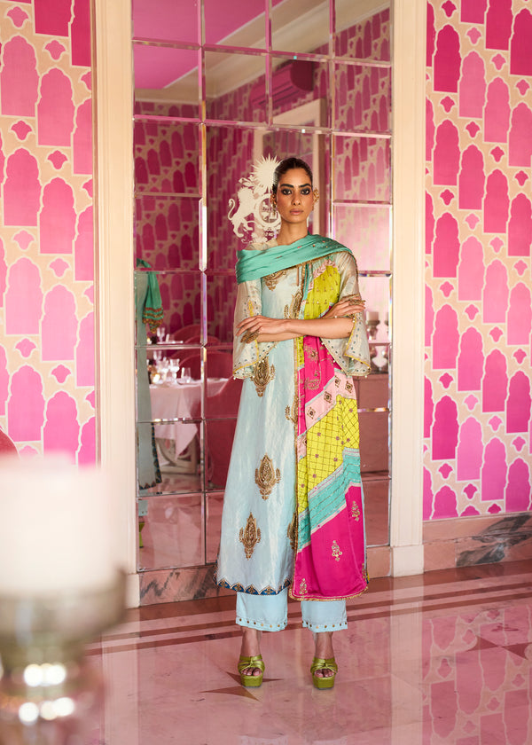 Retro Raani Powder Blue Boota Tissue Kurta Set