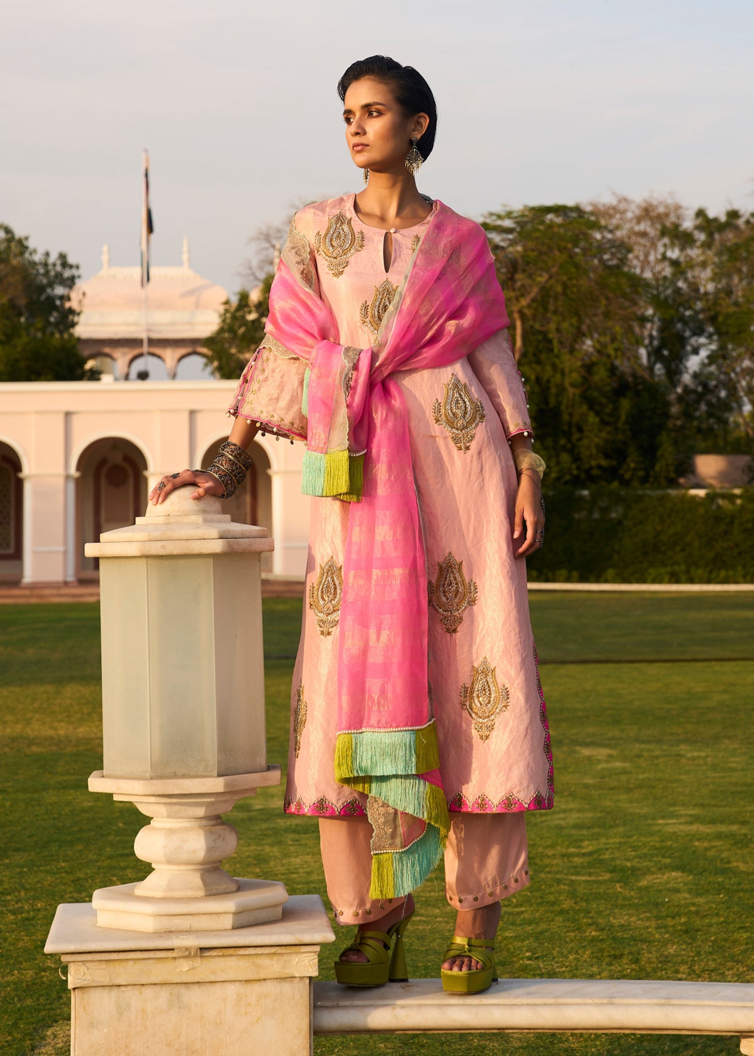 Retro Raani Pastel Pink Boota Tissue Kurta Set