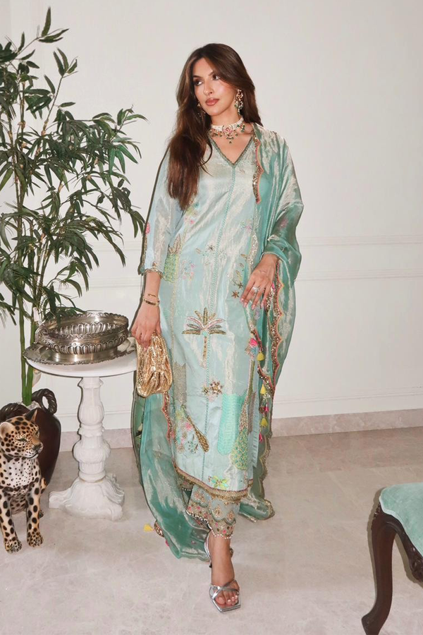 Seher Khan Powder Blue Tissue Kurta Set