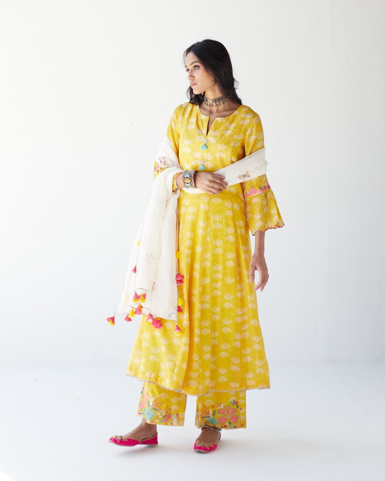 Dupahar Yellow Front Kali Phulkari Kurta Set