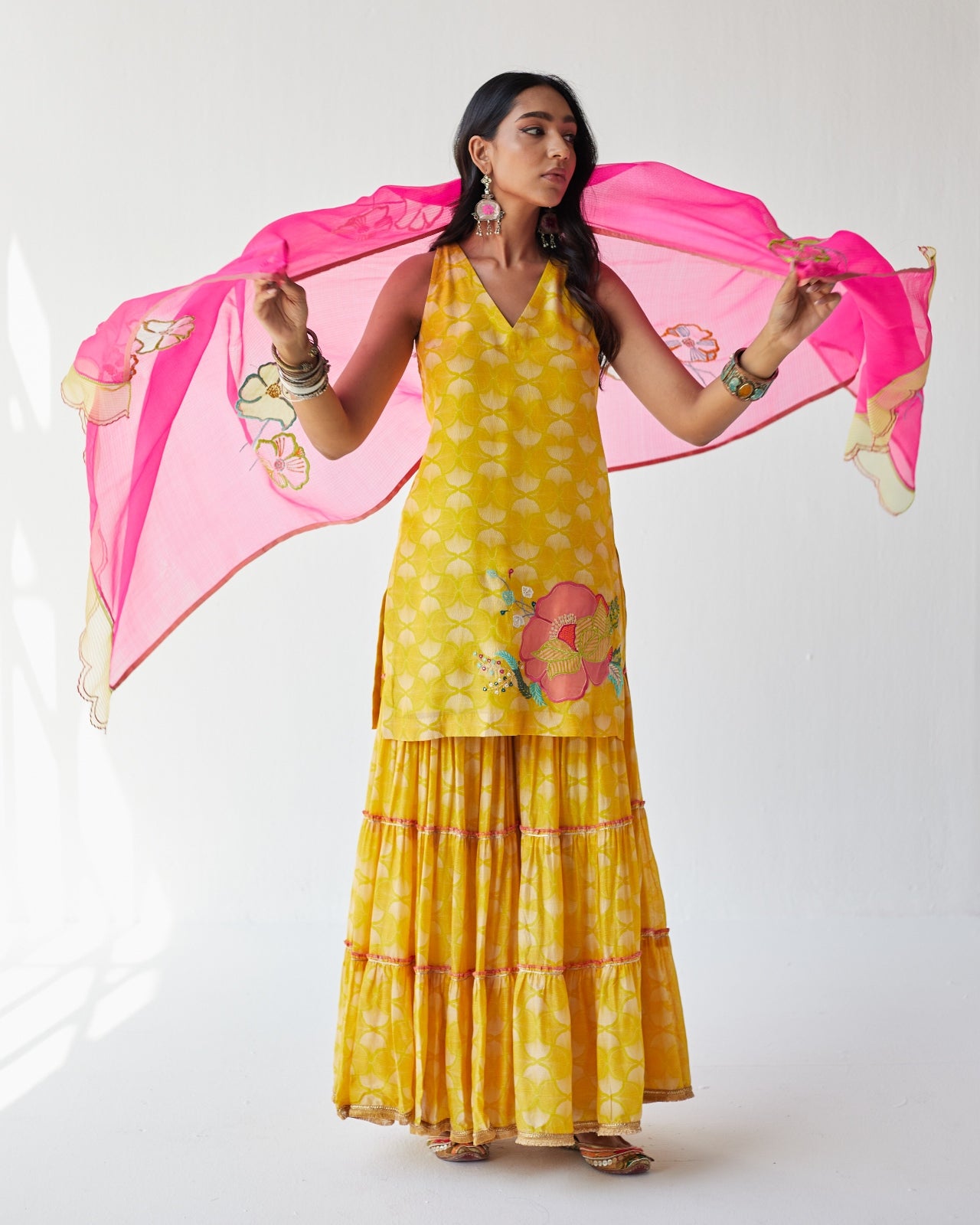 Dupahar Yellow Big Flower Gharara Set