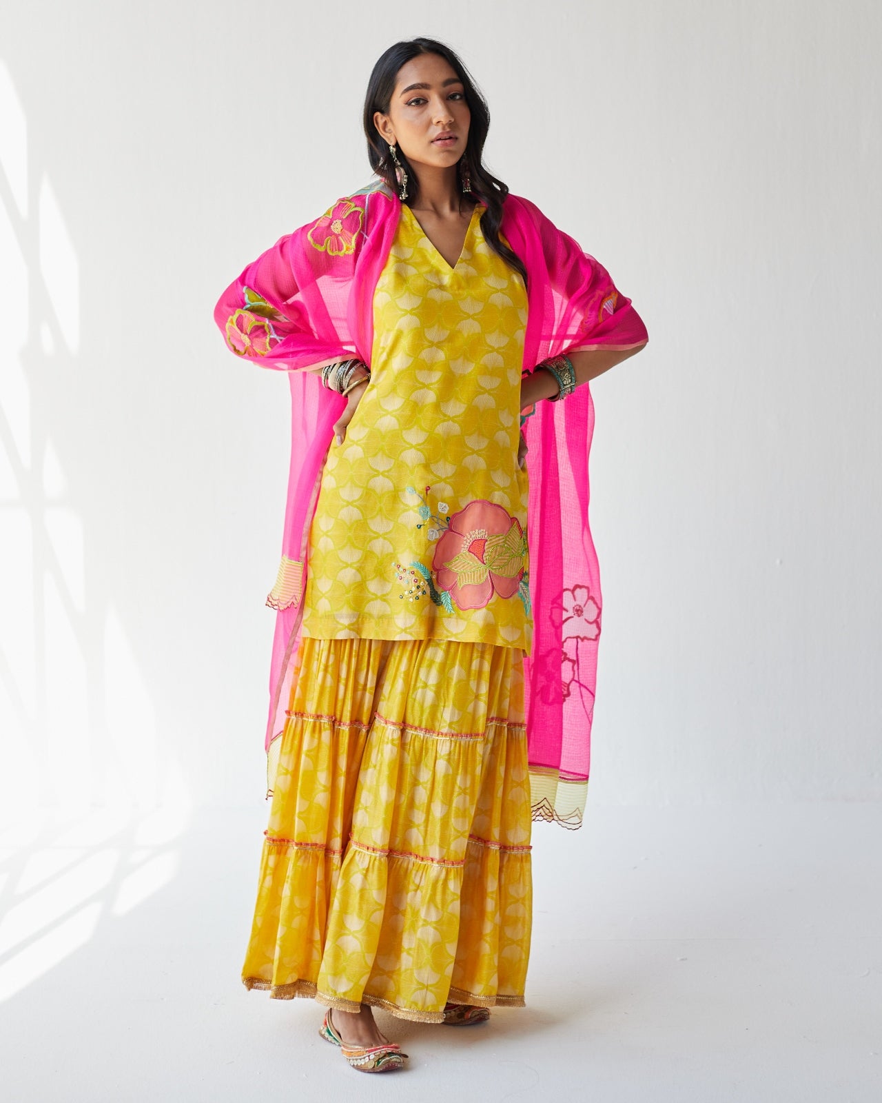 Dupahar Yellow Big Flower Gharara Set