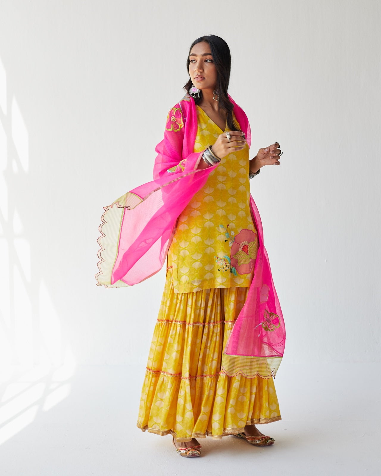 Dupahar Yellow Big Flower Gharara Set