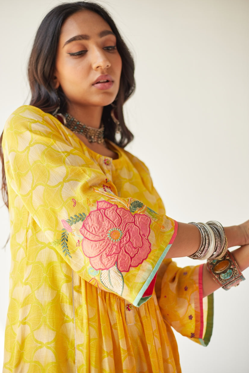 Dupahar Yellow Front Puckering Kurta Set