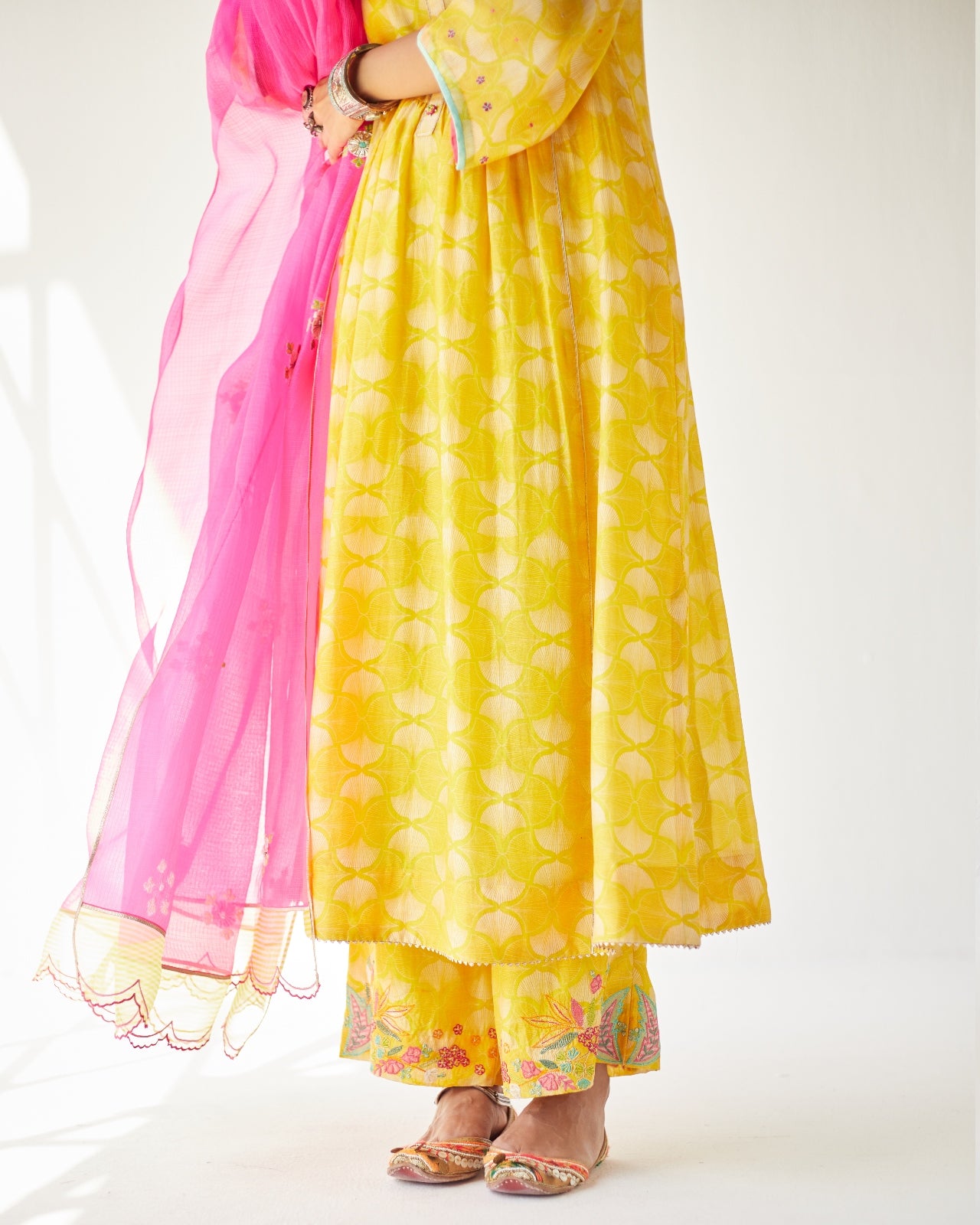 Dupahar Yellow Front Puckering Kurta Set