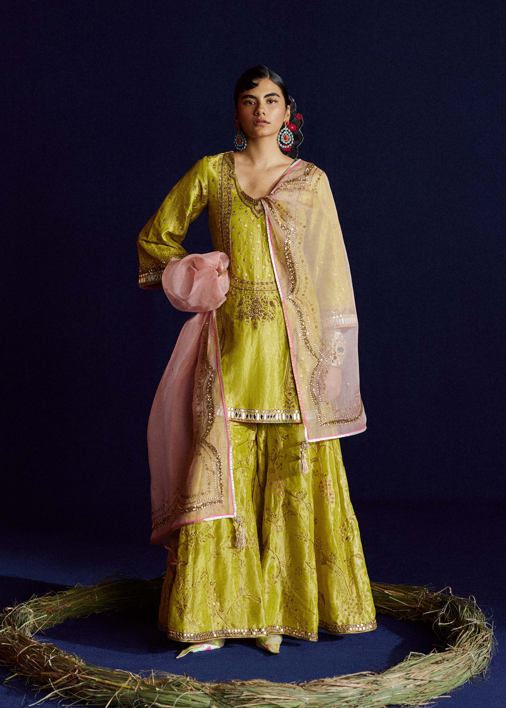 Mastani Yellow Tissue Jaal Gharara Set