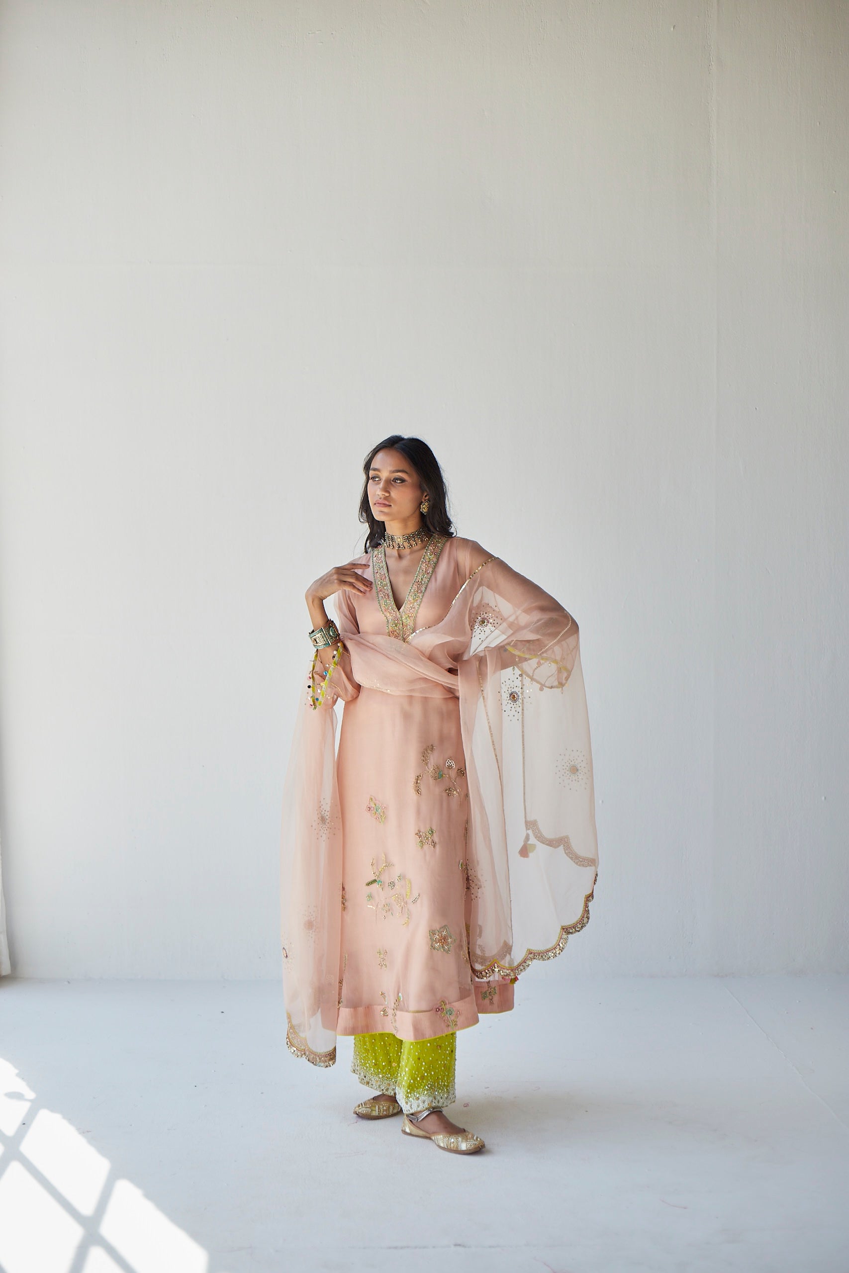 Pastel Pink Jaal Kreethy Suresh Organza Kurta Set