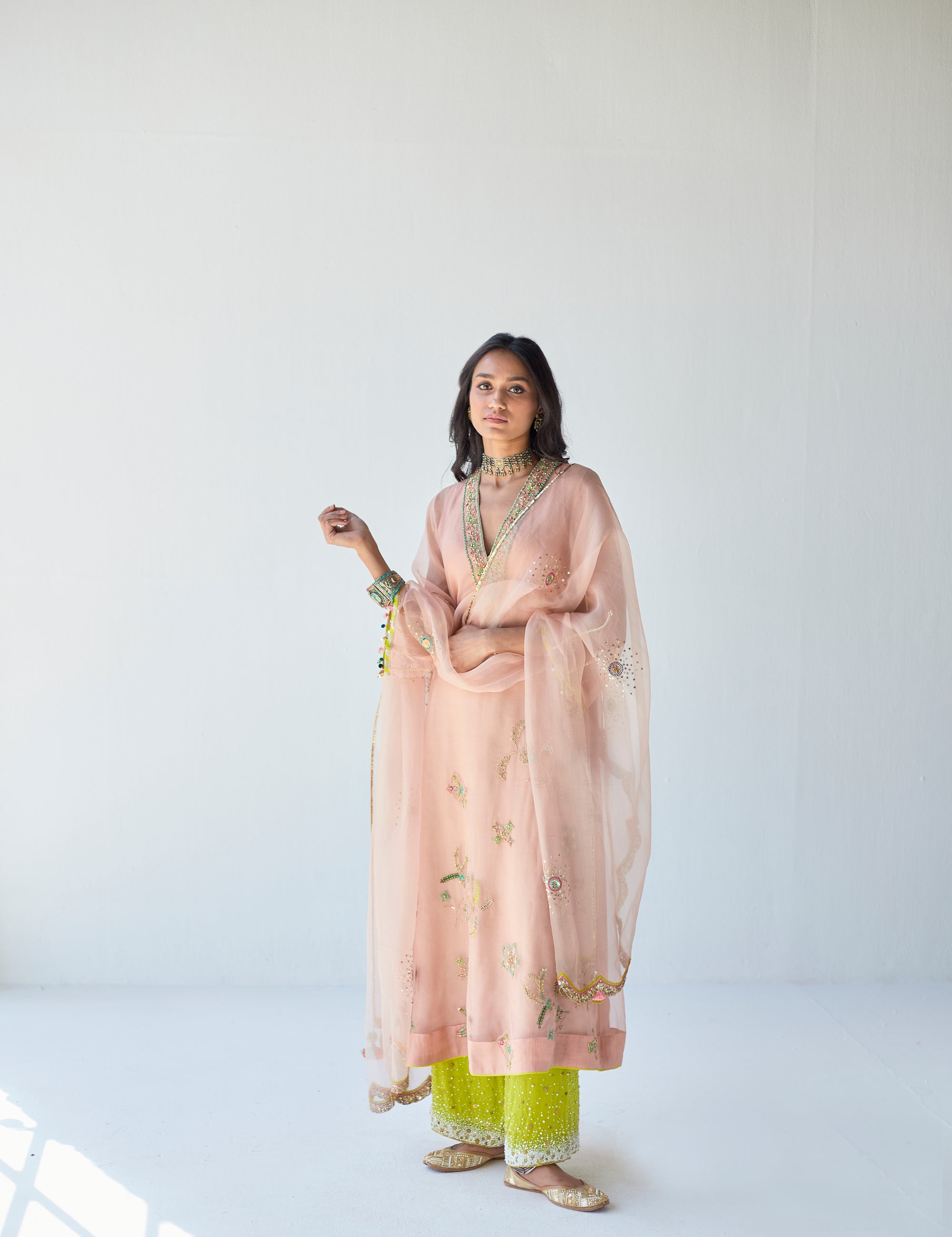 Pastel Pink Jaal Organza Kurta Set