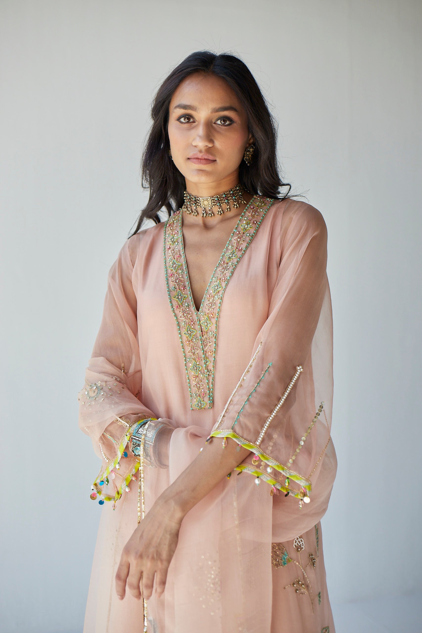 Pastel Pink Jaal Kangana Ranaut Organza Kurta Set