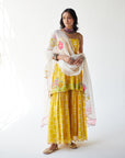 Dupahar Yellow Front Puckering Kurta Gharara Set