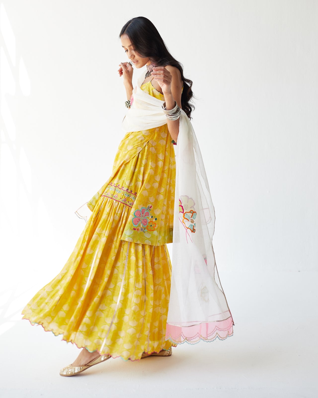 Dupahar Yellow Front Puckering Kurta Gharara Set