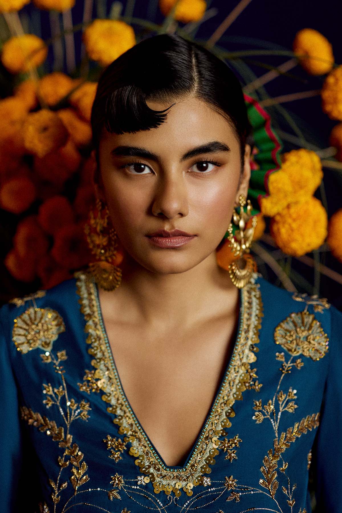 Mastani Teal Silk Carnation Jaal Kaftan Dress