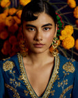 Mastani Teal Silk Carnation Jaal Kaftan Dress