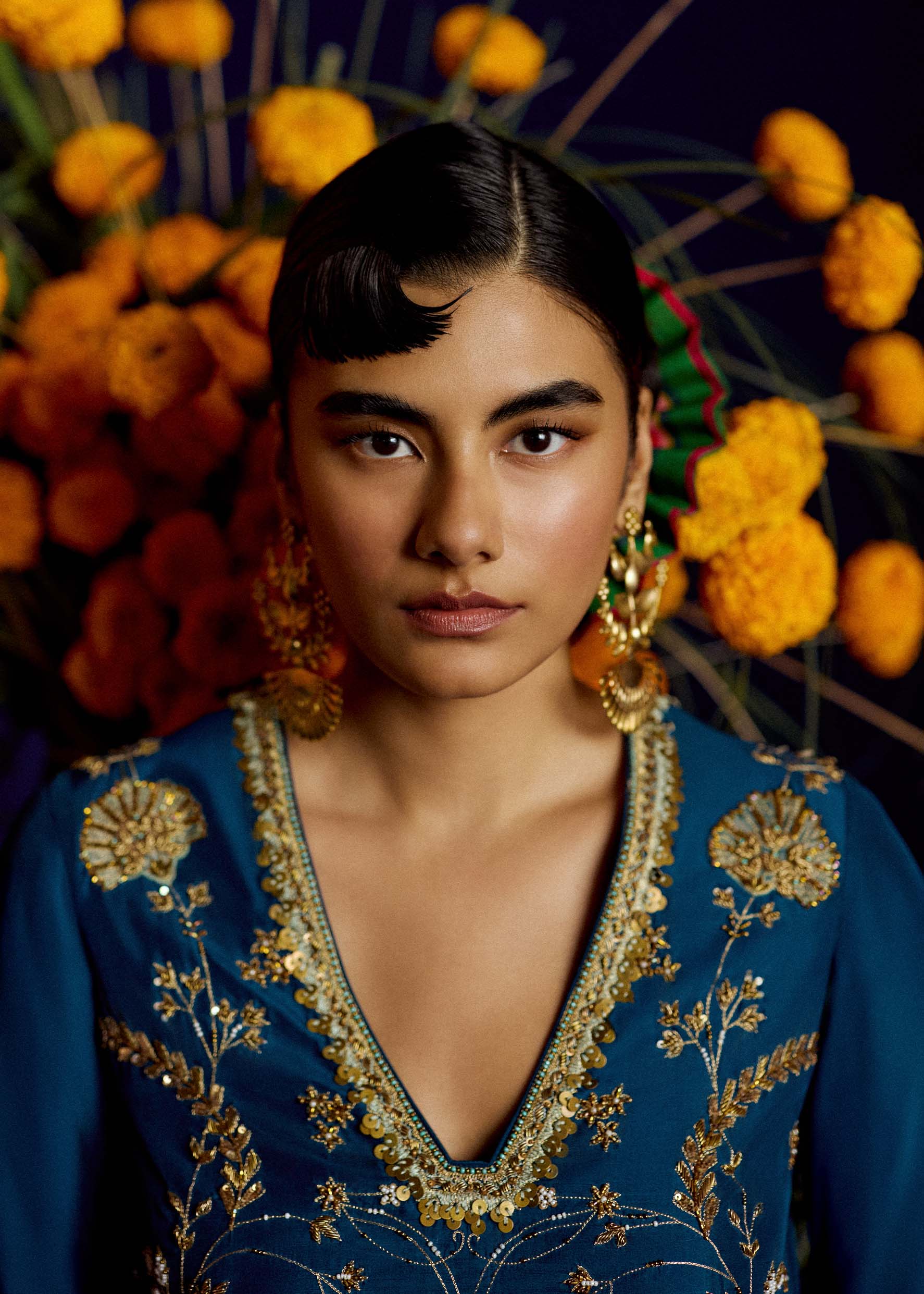 Mastani Teal Silk Carnation Jaal Kaftan Dress