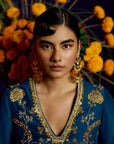 Mastani Teal Silk Carnation Jaal Kaftan Dress