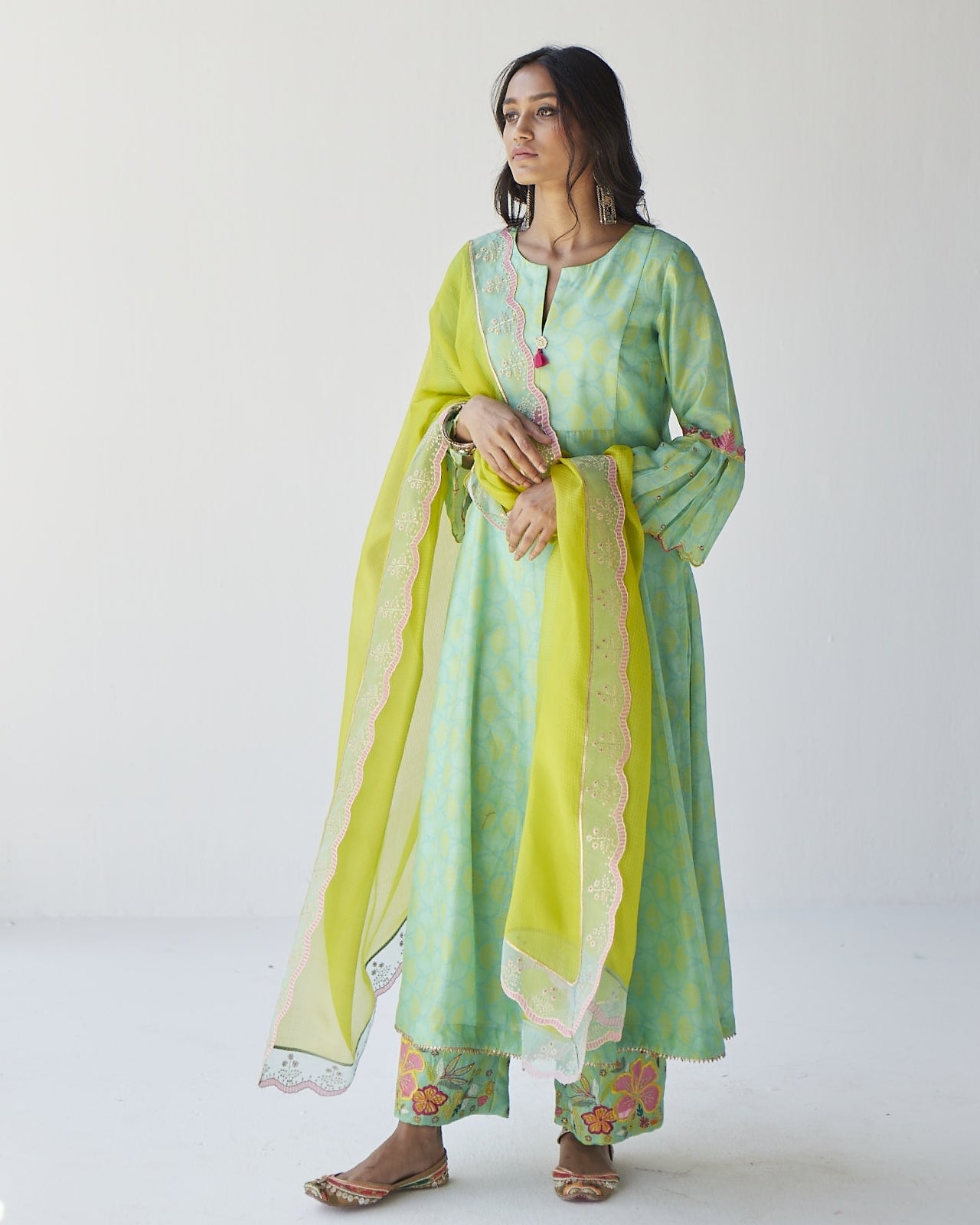 Dupahar Sea Green Front Kali Phulkari Kurta Set