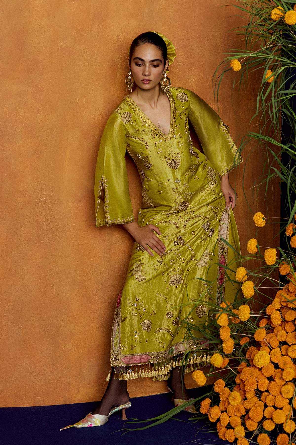 Mastani Yellow Tissue Carnation Jaal Kaftan Dress