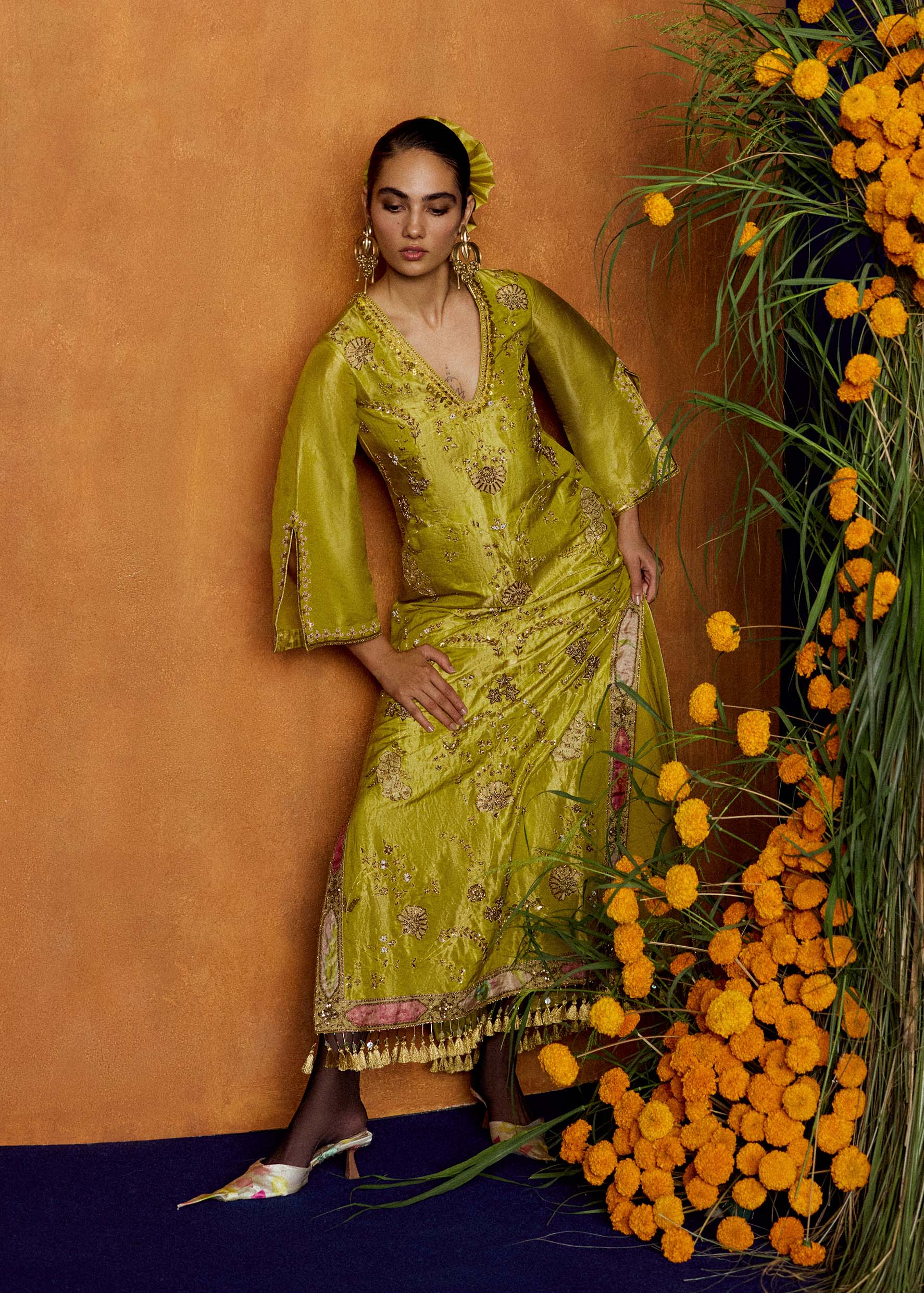 Mastani Yellow Tissue Carnation Jaal Kaftan Dress