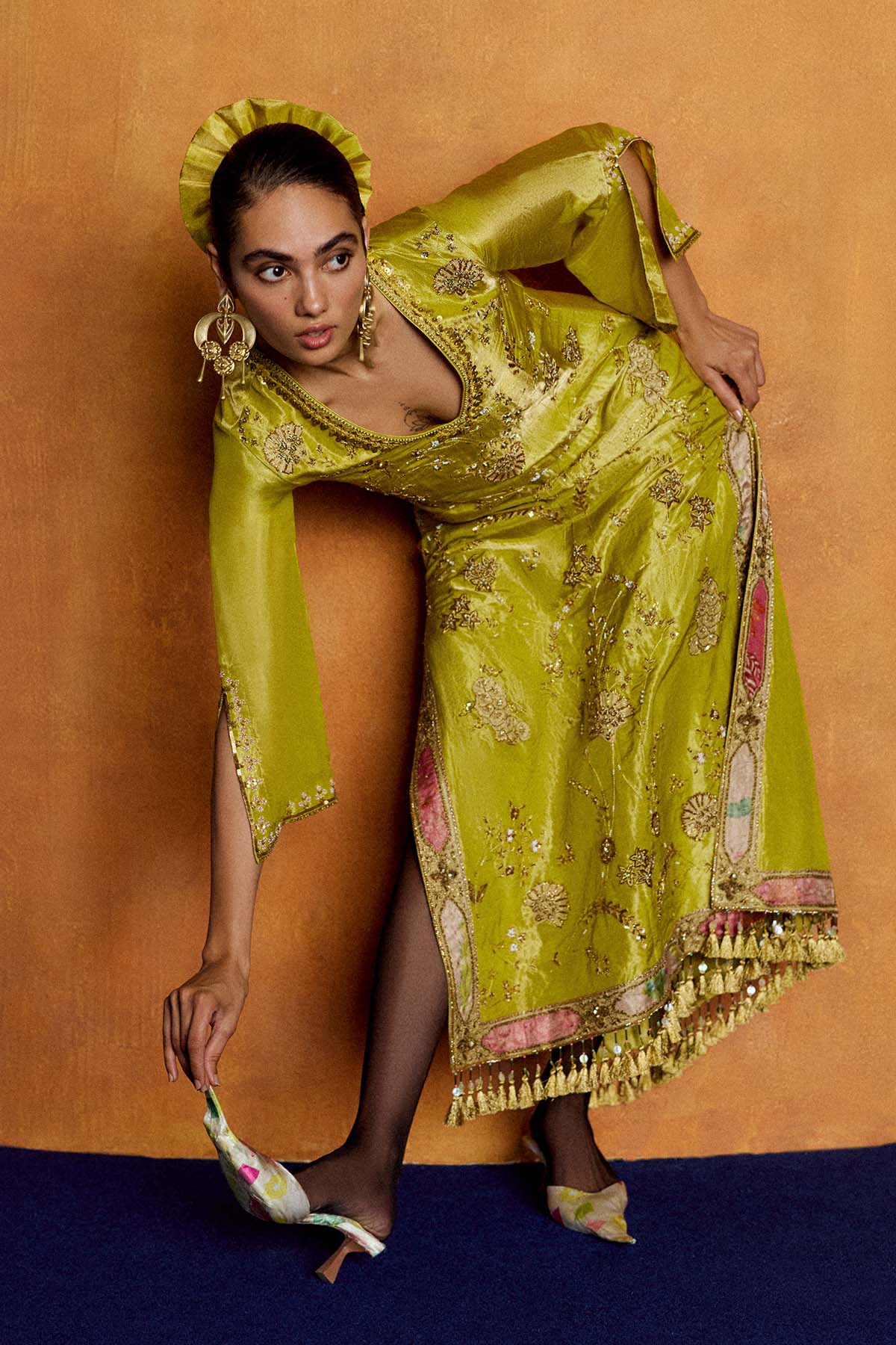 Mastani Yellow Tissue Carnation Jaal Kaftan Dress