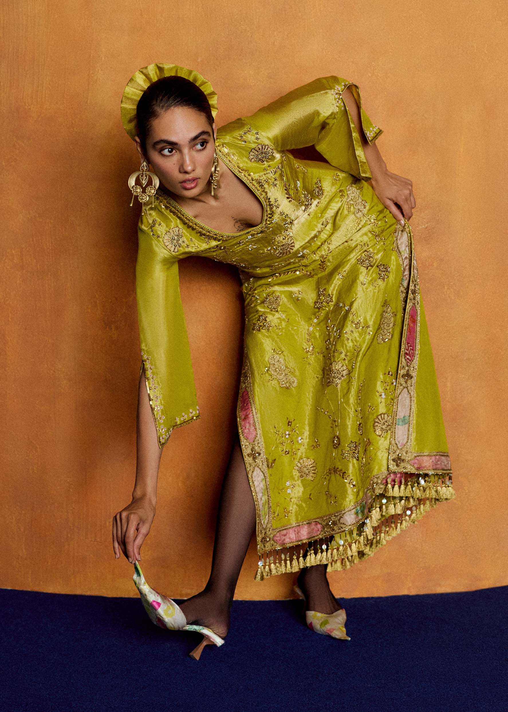 Mastani Yellow Tissue Carnation Jaal Kaftan Dress