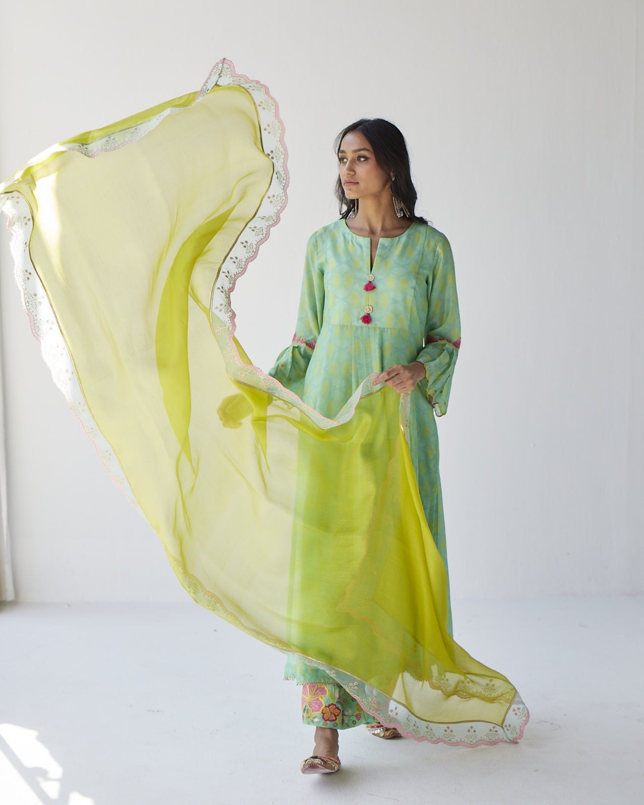 Dupahar Sea Green Front Kali Phulkari Kurta Set