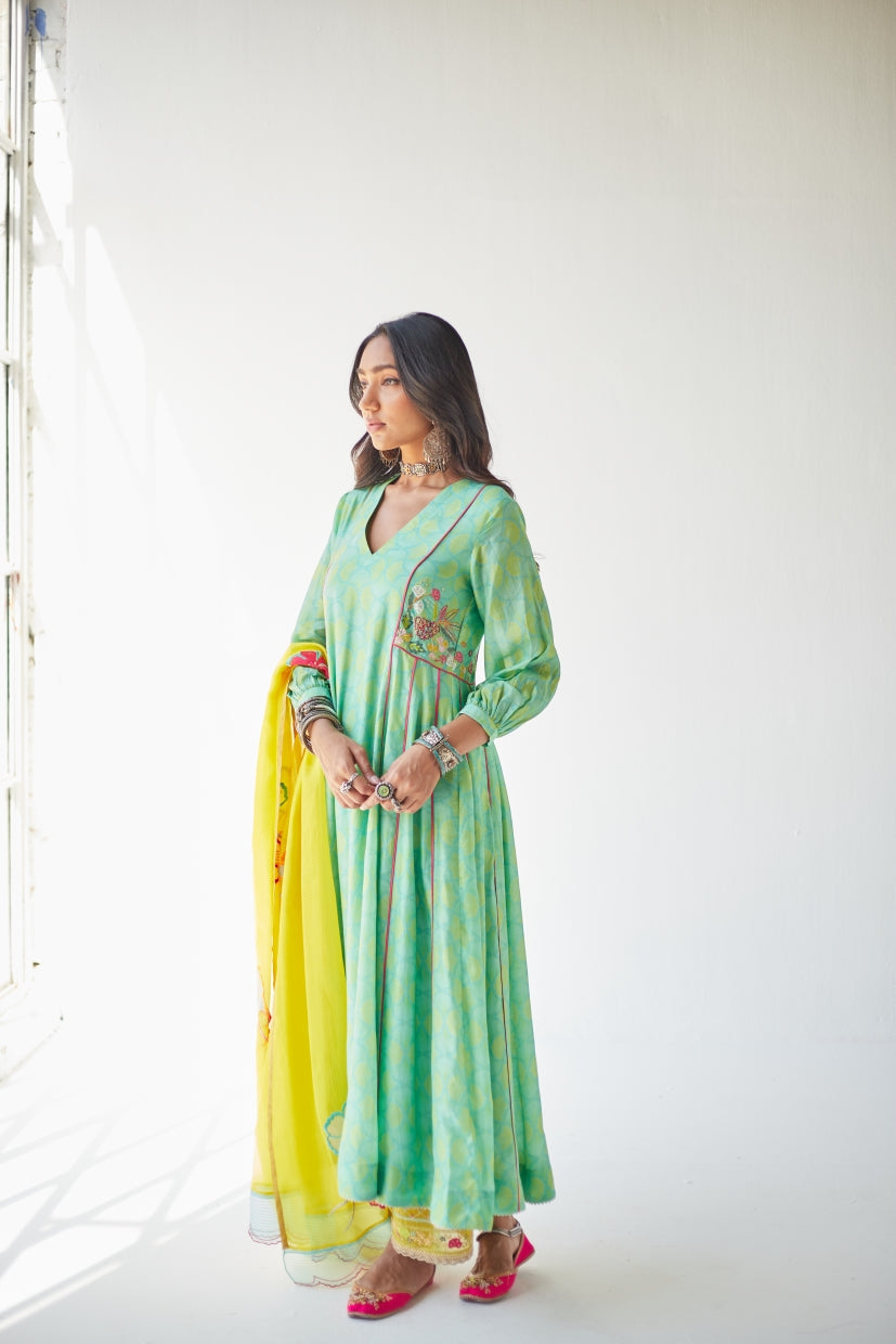 Dupahar Sea Green Side Kali Kurta Set