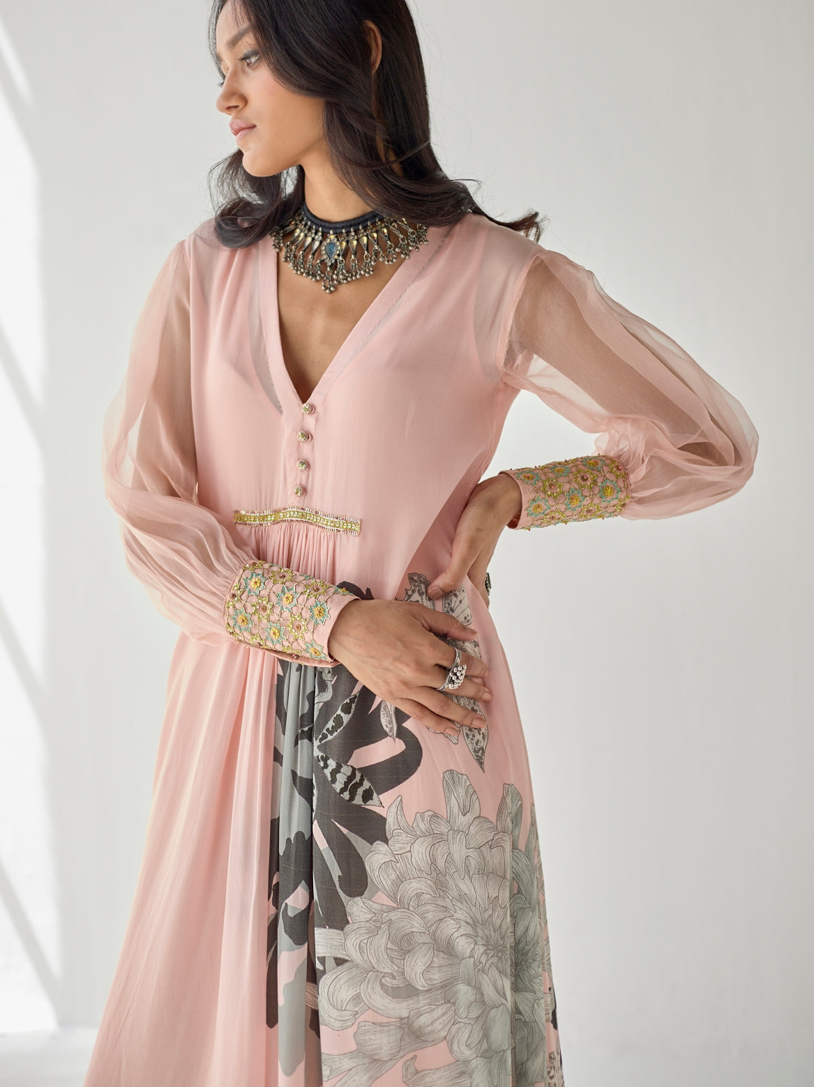 Pastel Pink Side Flower Kurta Set