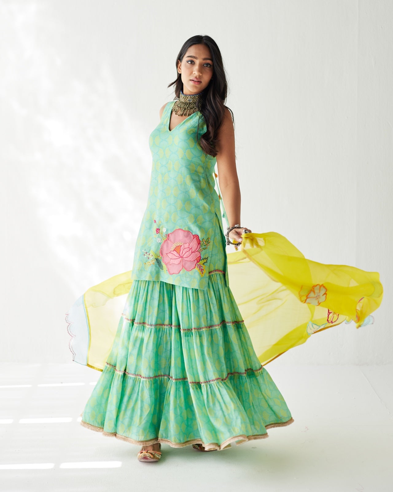 Dupahar Sea Green Big Flower Gharara Set