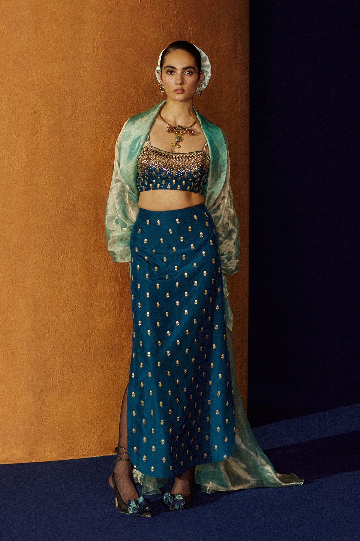 Mastani Teal Blue Silk Skirt Set