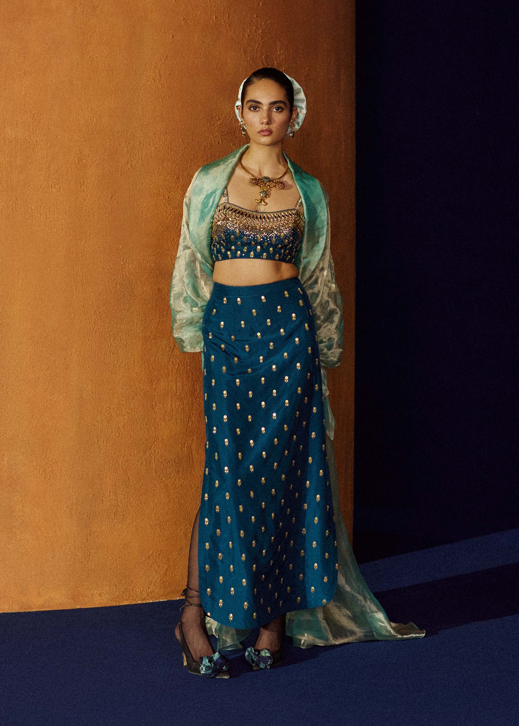 Mastani Teal Blue Silk Skirt Set