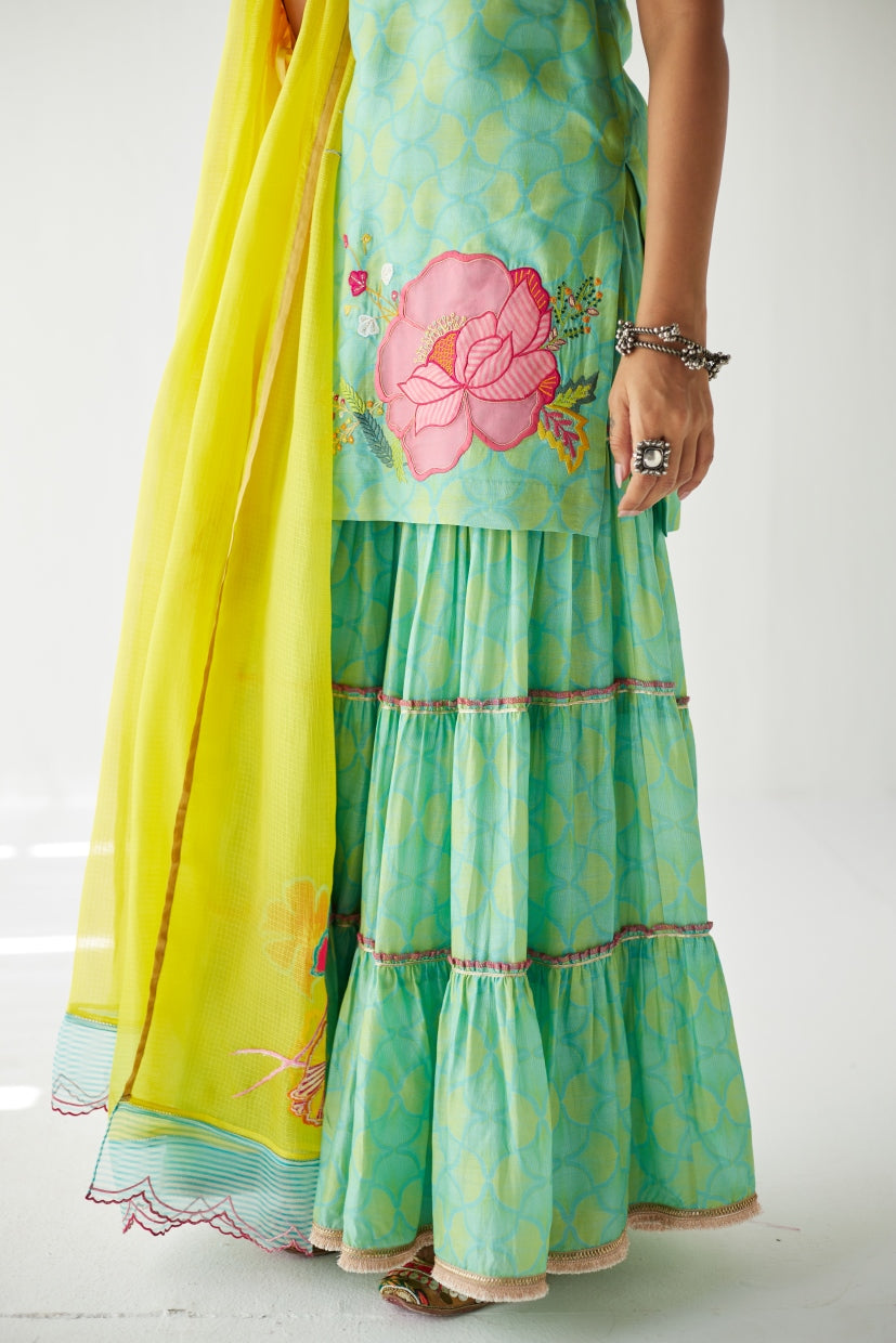 Dupahar Sea Green Big Flower Gharara Set