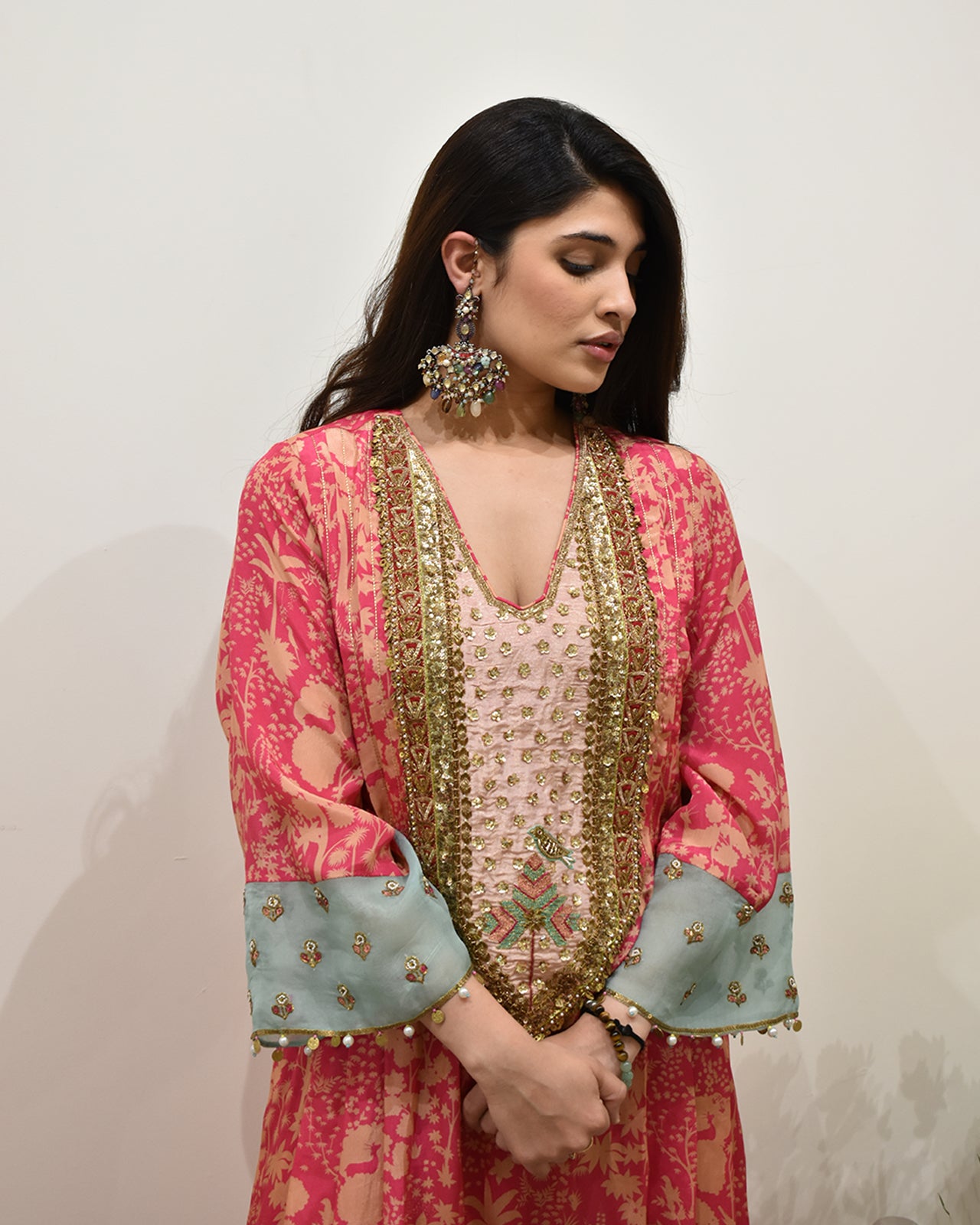 EXCLUSIVE EDIT SHADOW PRINT TISSUE YOKE KURTA SET