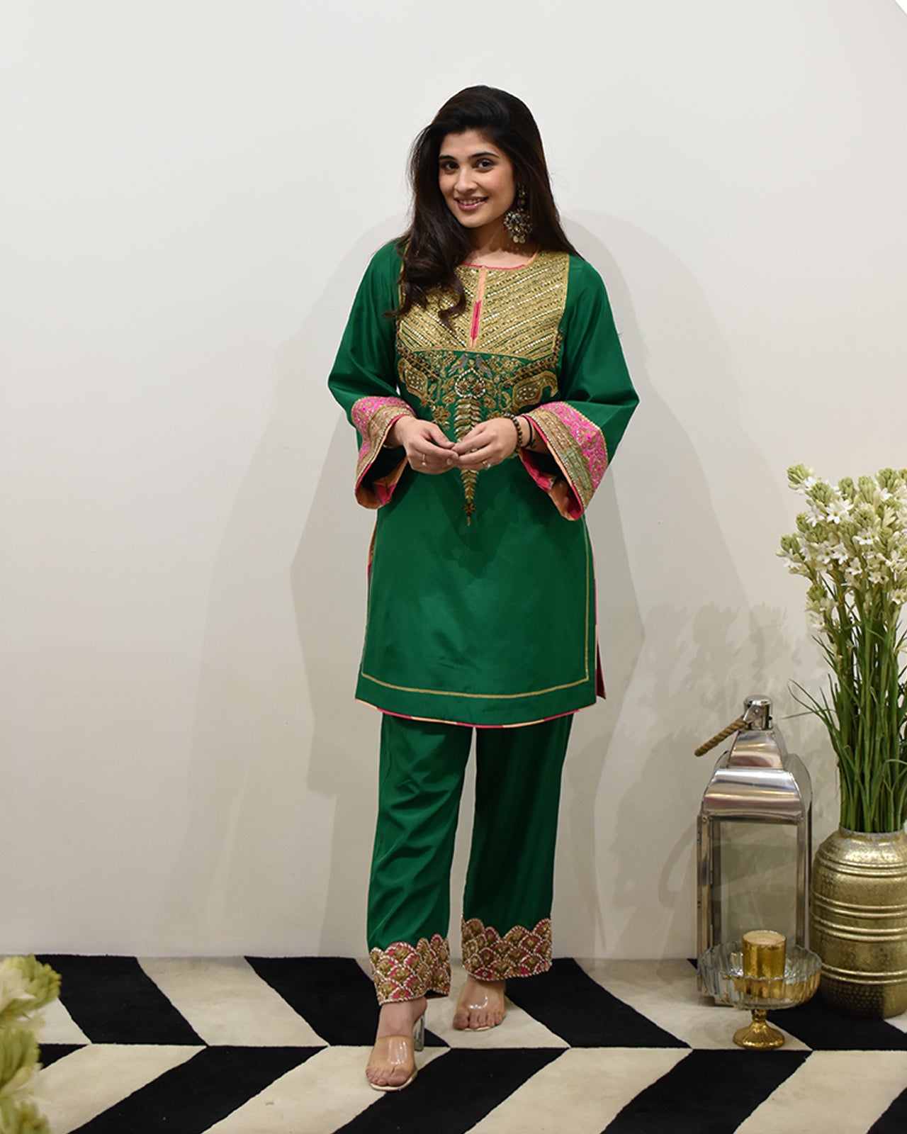 EXCLUSIVE EDIT BOTTLE GREEN SILK KURTA SET