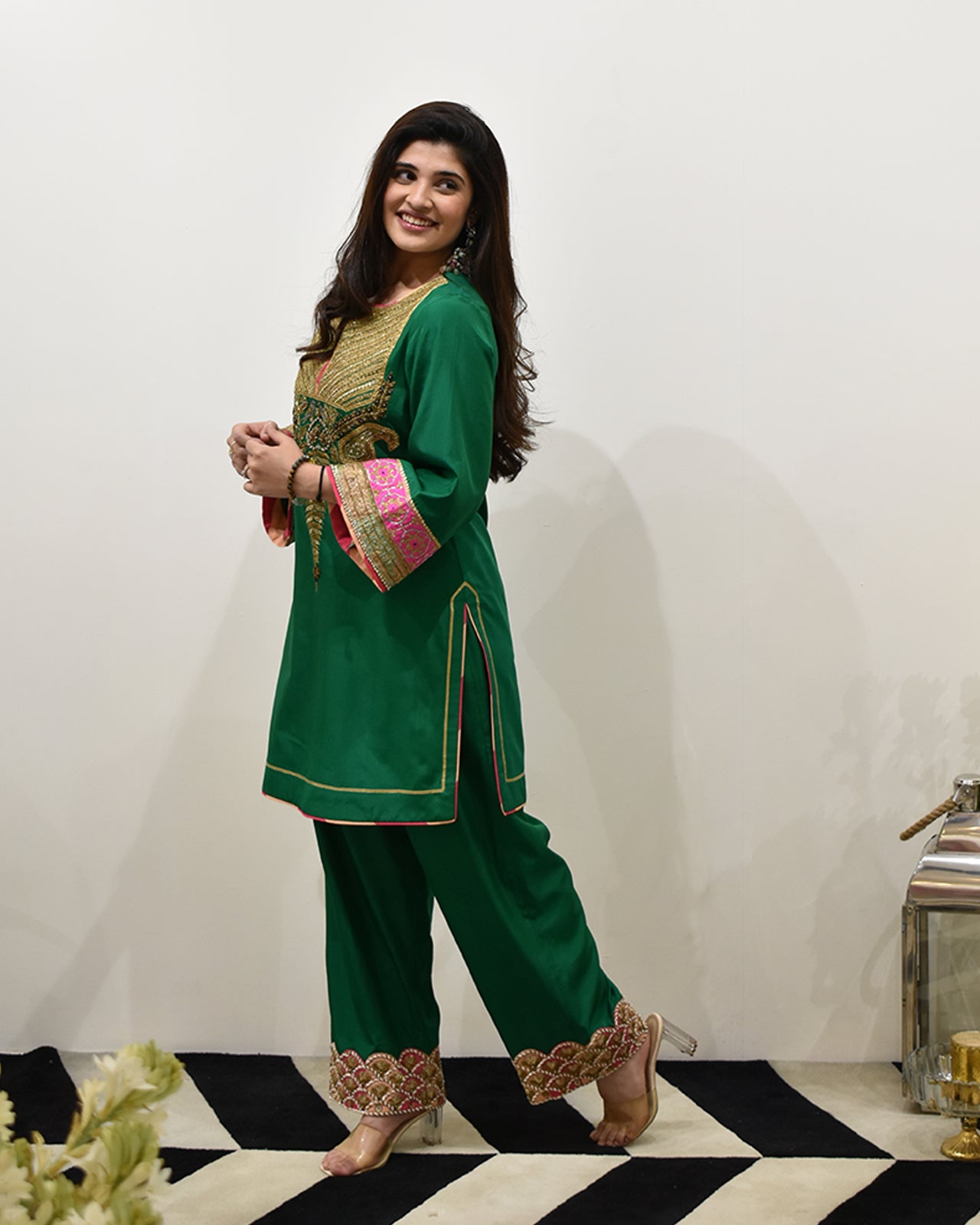 EXCLUSIVE EDIT BOTTLE GREEN SILK KURTA SET