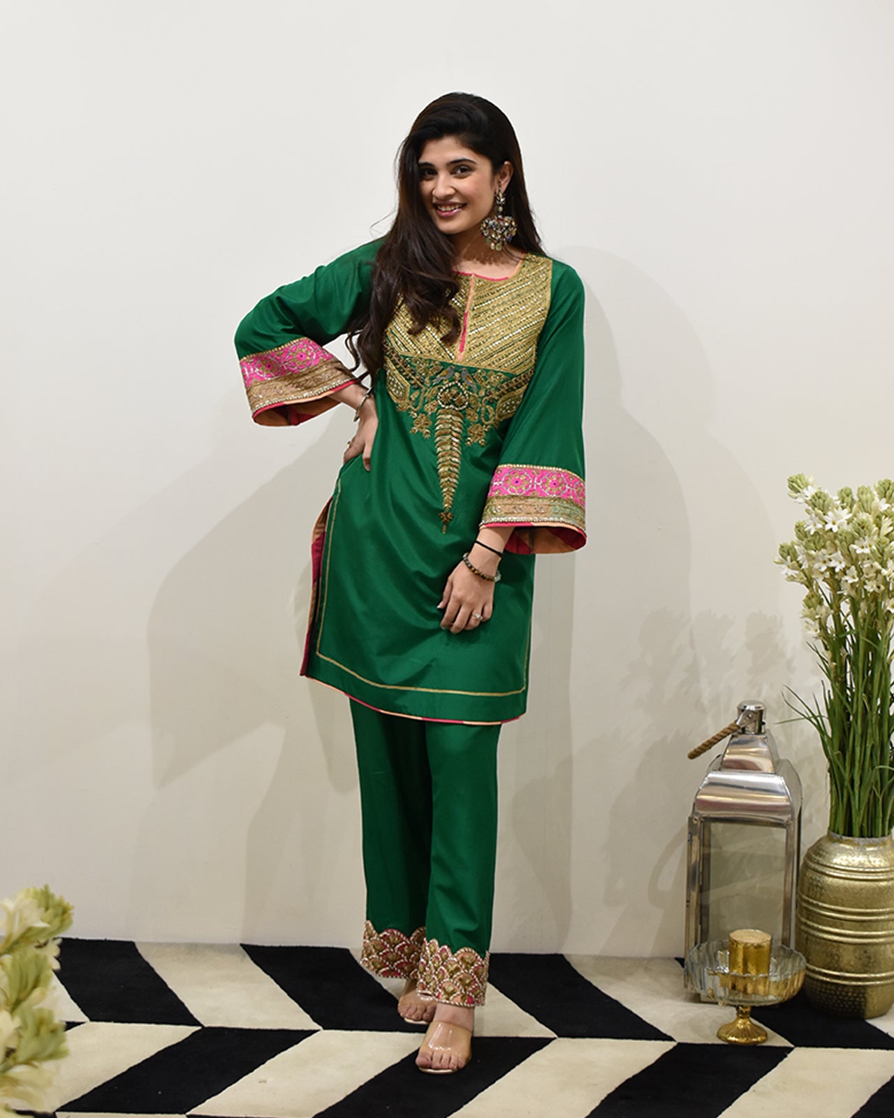 EXCLUSIVE EDIT BOTTLE GREEN SILK KURTA SET
