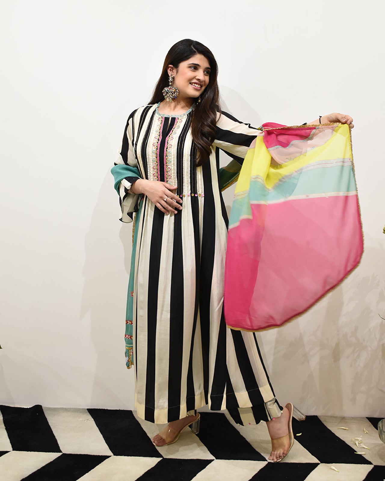 EXCLUSIVE EDIT BLACK/ IVORY STRIPE KURTA SET