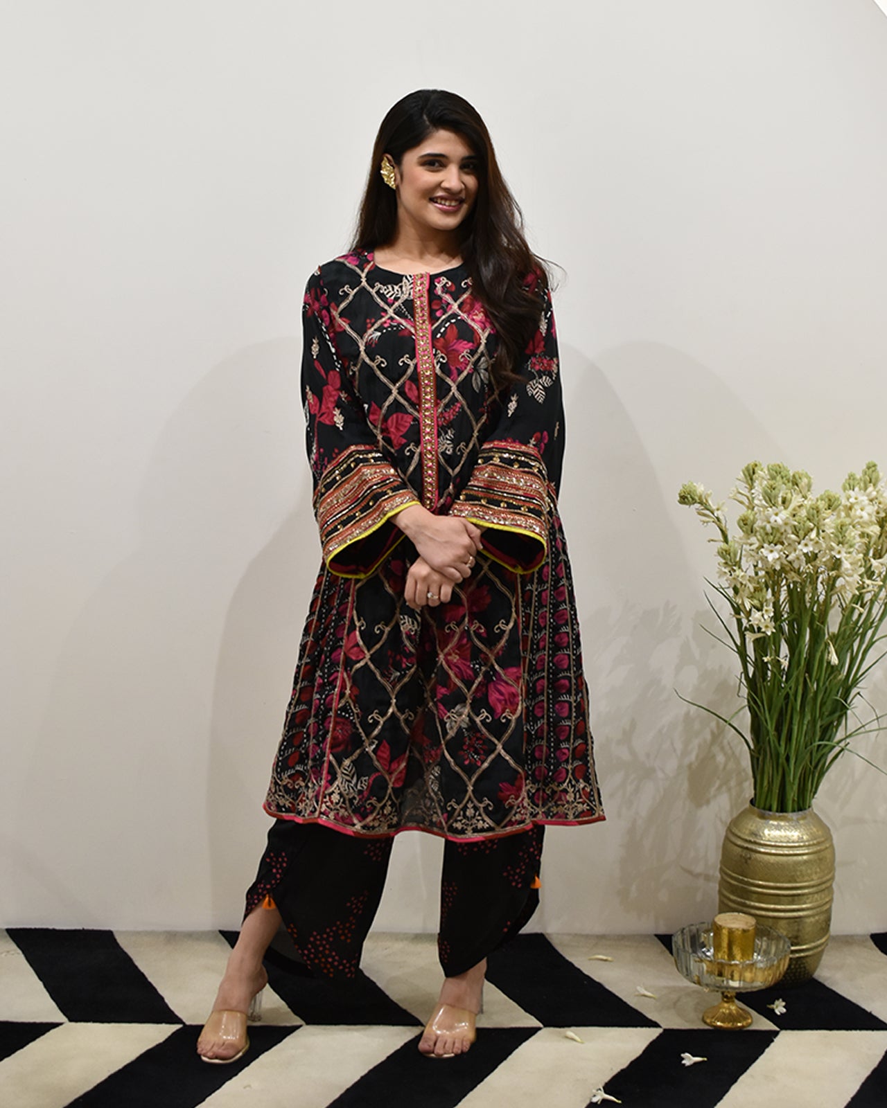 EXCLUSIVE EDIT BLACK PRINTED CHOGA STYLE KURTA SET