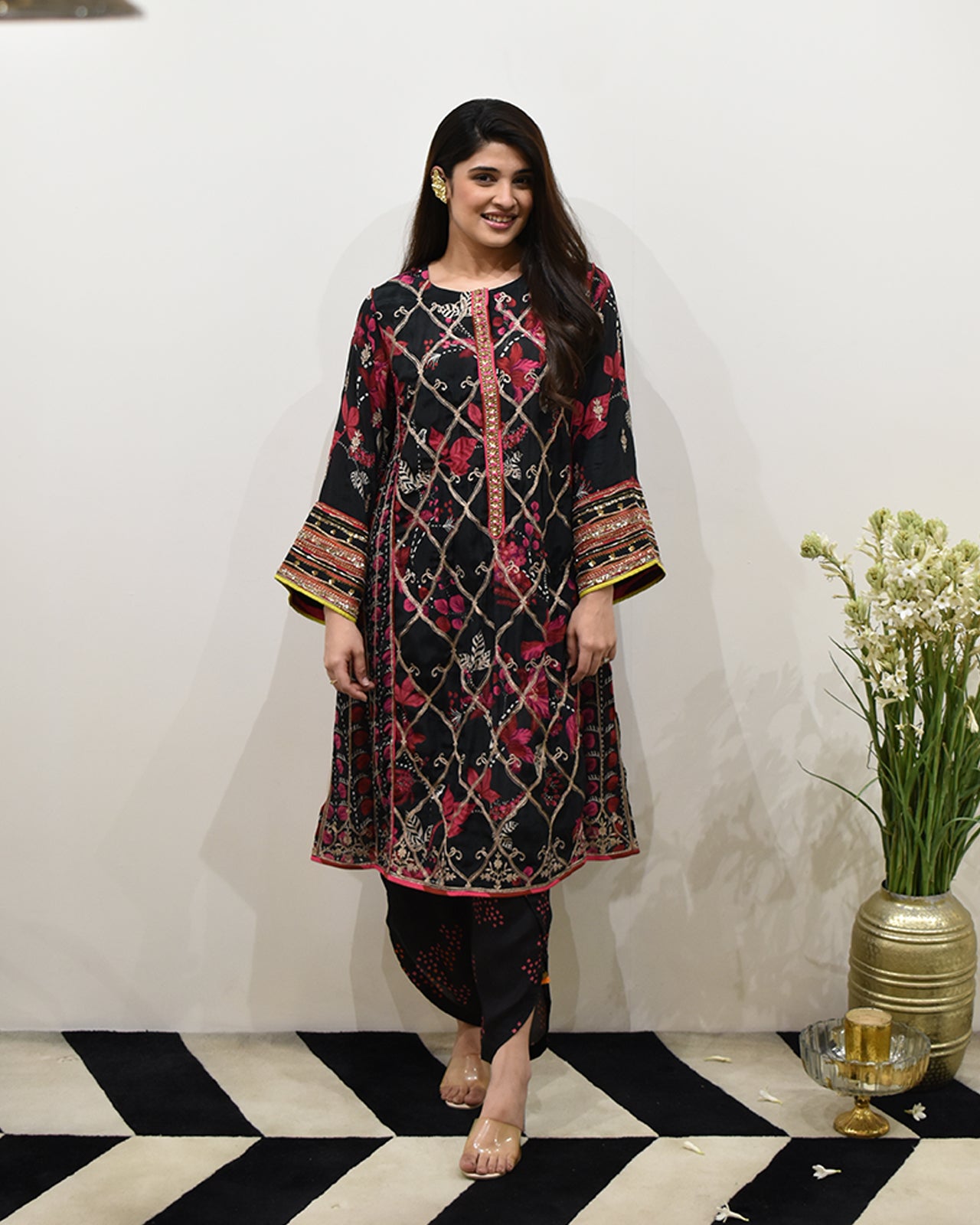 EXCLUSIVE EDIT BLACK PRINTED CHOGA STYLE KURTA SET