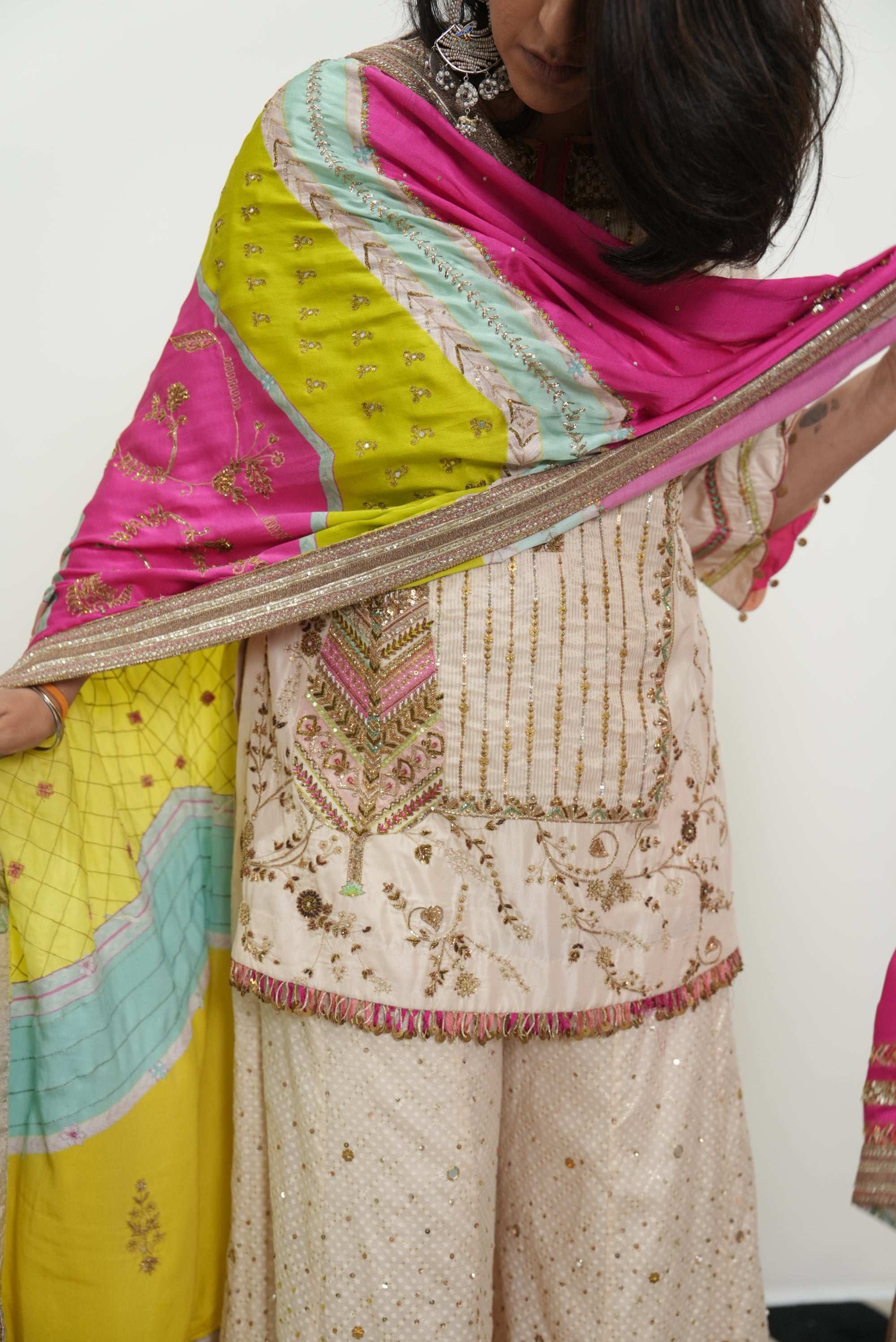 Retro Raani Ivory Silk Tree Sharara Set