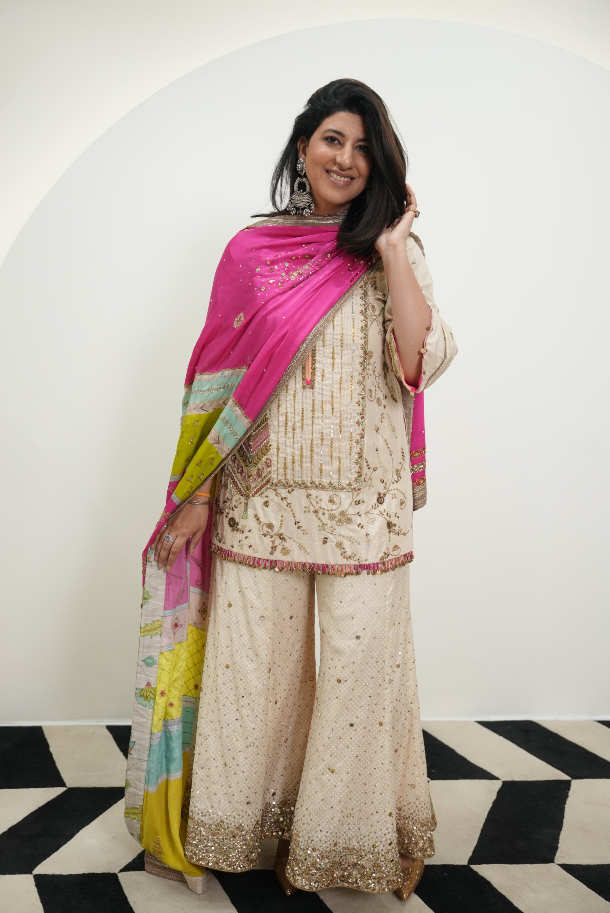 Retro Raani Ivory Silk Tree Sharara Set