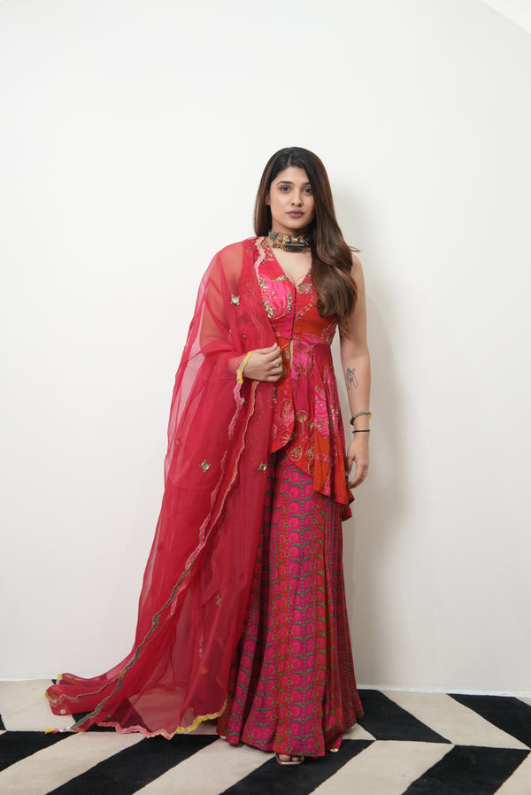 Retro Raani Red Peplum Sharara Set