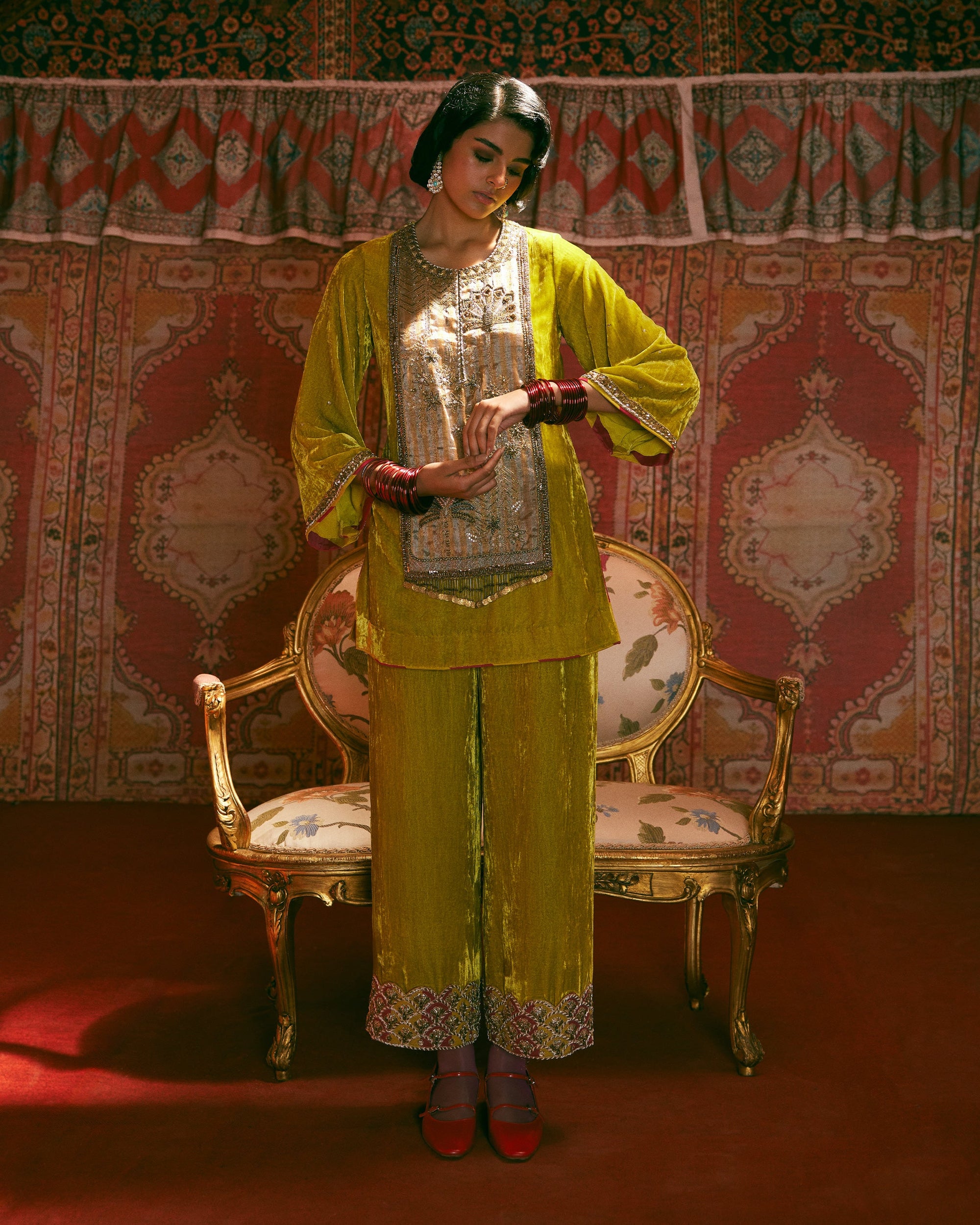 Reejh Lime Yellow Antique Yoke Velvet Kurta Set