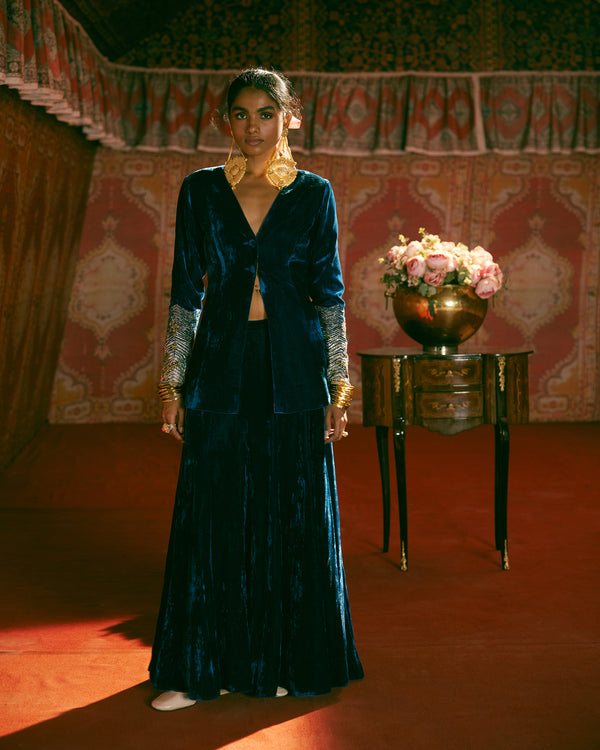 Reejh Blue Velvet Jacket Sharara Set